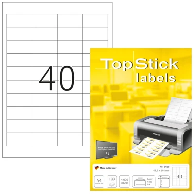 Afbeelding van TopStick 8658 Universele etiketten A4 klein (48,5 x 25,4 mm, 100 velle, papier, mat) zelfklevend, bedrukbaar, permanente klevende adreslabels, 4.000 voor printer, wit
