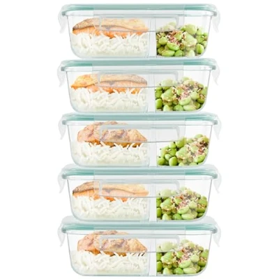 Afbeelding van Winter Shore Glazen Maaltijd Prep Containers met 2 Compartimenten &amp; Deksels (5 Pak) Voedselgraad, BPA vrij, Lekbestendig luchtdichte Bakjes Magnetron, Vriezer Vaatwasserbestendige
