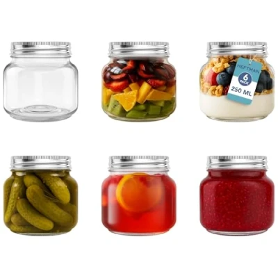 Afbeelding van HEFTMAN glazen Mason potten met Deksels Set van 6 250 ml luchtdichte voor nachtelijke haver, zelfgemaakte jam stevige deksels, beitspotten, conservenpotten