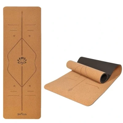 Afbeelding van DH FitLife Yogamat van kurk en TPE, gymnastiekmat, 183 x 61 0,6 cm, yogamat, sportmat, fitnessmat, antislip, dikker met oriëntatielijnen (kleine lotus)