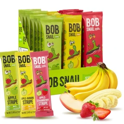 Afbeelding van Bob Snail Veganistische snoepjes, veelvruchtenrepen, 30 gezonde snacks, afzonderlijk verpakt voor kinderen en volwassenen, met appel, banaan aardbeien, suikervrije koolhydraatarme caloriearme
