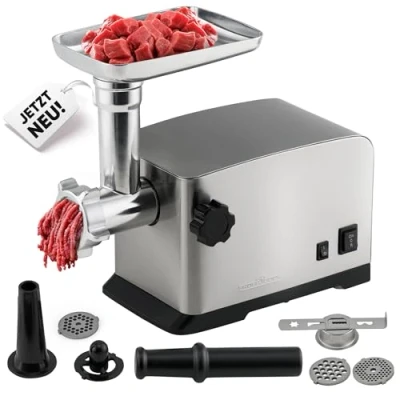 Afbeelding van ProfiCook PC FW 1272 vleesmolen, 1200 W, met opzetstuk voor koekjes/spuitgebak, elektrische 3 metalen schijven gaten, en terugloop, inclusief worstvulling, hals slak