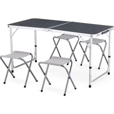 Afbeelding van Outtec Campingtafel met 4 stoelen, hoogte draagbare inklapbare grilltafel 120 x 60 cm draaggreep, aluminium klaptafel, krukken voor camping, picknick, barbecue, tuin (grijs)