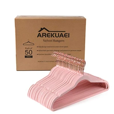 Afbeelding van Roze fluwelen kleerhangers, duurzaam, antislip, ruimtebesparende koper/roségoud, 50 stuks