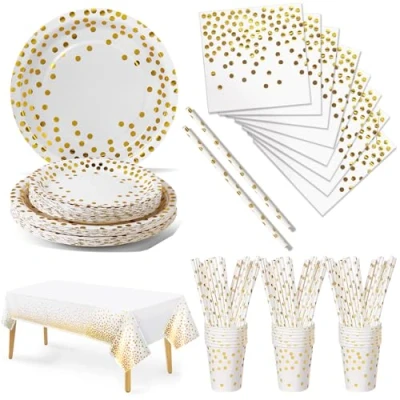 Afbeelding van Nkaiso Partyservies, 126 stuks Happy Everyday Feestaccessoires, Wit Goud kartonnen borden set, verjaardagsservies borden, servetten voor kinderverjaardag, verjaardagsfeest 25 gasten