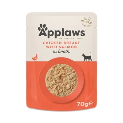 Afbeelding van Applaws 100% natuurlijk natvoer voor katten, kippenborst met zalm in bouillon verpakking 12 zakjes van 70 g