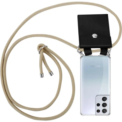 Afbeelding van Cadorabo Hoesje geschikt voor Samsung Galaxy S21 ULTRA in GLANZEND BRUIN Silicone Mobiele telefoon ketting beschermhoes met zilveren ringen, koordriem en afneembaar etui