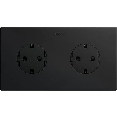 Afbeelding van SIMON Clean Schuko dubbel stopcontact, serie 270, 250 V, 16 A, platte en dunne wandstekker, geschikt voor gebruik binnenshuis, eenvoudig te installeren, inclusief frame, deksel mechanisme, zwart