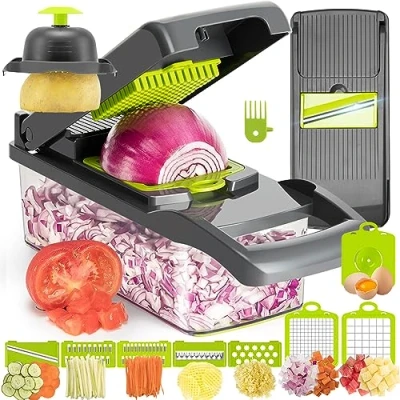 Afbeelding van KEOUKE Groentesnijder 12 in 1 Veggie Chopper Dicer Cutter voor Ui Tomaat Aardappel Voedsel met Aftappen Opslag Container en Hand Guard Snijden Versnippering Messen