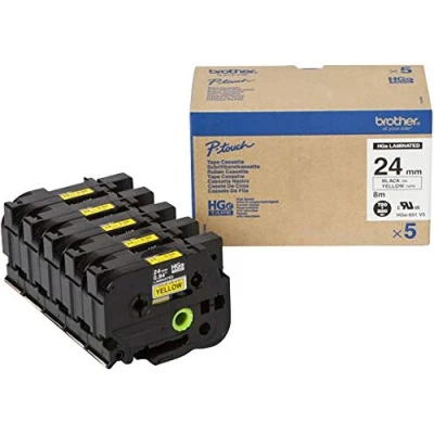 Afbeelding van Brother HGe 651V5 Labeltape Set van 5 stuks Tapekleur: Geel Tekstkleur: Zwart 24 mm 8 m