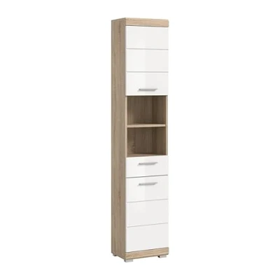 Afbeelding van Lambada kolomkast 2 deuren, 1 lade, planken hoog glans wit,eik decor.
