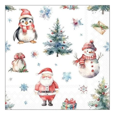 Afbeelding van 20 servetten Kerstmis Kerstman, sneeuwpop en pinguïn als tafeldecoratie. Papieren met motief. Ook voor decoupage servettentechniek 33 x cm