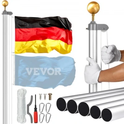 Afbeelding van VEVOR 6,09 m afneembare vlaggenmastset, vlaggenstokkenset van aluminiumlegering in de bodem voor buiten, vlaggenmast met 3 weergavemodi en professionele accessoires, Duitse vlag, zilver