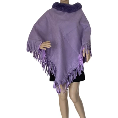 Afbeelding van Dames warme Poncho driehoekig Suede look met Imitatiebont 40798 Onesize Paars