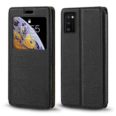 Afbeelding van Samsung Galaxy A41 hoesje van houtnerf leer met kaarthouder en venster, magnetische flipcover voor (zwart)