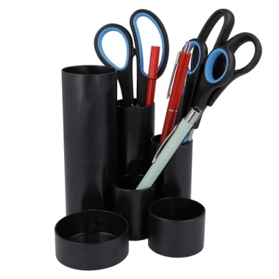 Afbeelding van Westcott E 744580 00 Pennenhouder zwart gerecycled pennenkoker met 6 ronde vakken als bureau organizer overzichtelijk opbergen van pennen en kantooraccessoires
