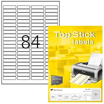 Afbeelding van TopStick 8724 universele etiketten A4 mini (46 x 11,1 mm, 100 velle, papier, mat) zelfklevend, bedrukbaar, permanente klevende adreslabels, 8.400 voor printer, wit