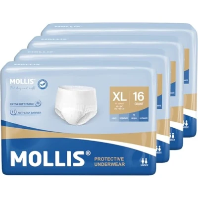 Afbeelding van MOLLIS incontinentie en postpartumondergoed voor volwassenen dames heren, wegwerpondergoed met lekbescherming &#039;s nachts, geurbestrijding, X Large, 64 stuks