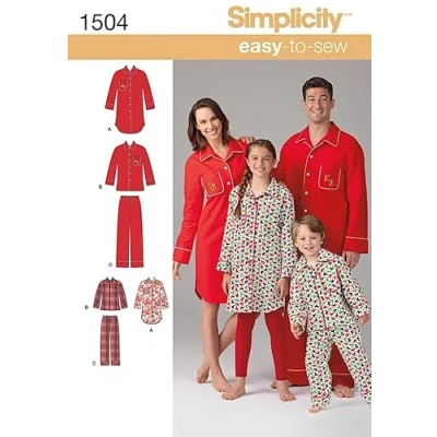 Afbeelding van Simplicity 1504 Matching Pajama Sewing Patroon, Children&#039;s Sizes XS L en volwassenen maten XL