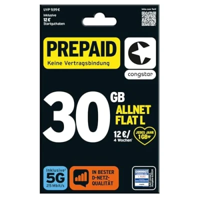 Afbeelding van congstar prepaid ALLNET L simkaart zonder abonnement, multi surfer pakket in D netkwaliteit, 15 GB LTE met 25 Mbit/s + starttegoed, telefonie &amp; sms flat alle Duitse netwerken,