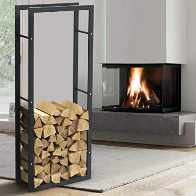 Afbeelding van Bakaji Verticale houten standaard, rechthoekig, van metaal, voor binnen en buiten, hout, tuin, open haard, oven, modern design (150 x 25 60 cm)