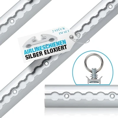 Afbeelding van NTG 2 x 1 m aluminium luchtvaartrail, halfronde vorm met gaten m. Fittingen spaarset ladingbeveiliging voor vrachtwagens en campers geboorde sjorrail zilver geanodiseerd