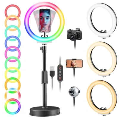 Afbeelding van PEYOU Bureau ringlamp met standaard en telefoonhouder, 10 inch dimbaar, 29 kleurmodi, ringlicht voor telefoon livestreaming/video/make up/YouTube/Tiktok/Vlog