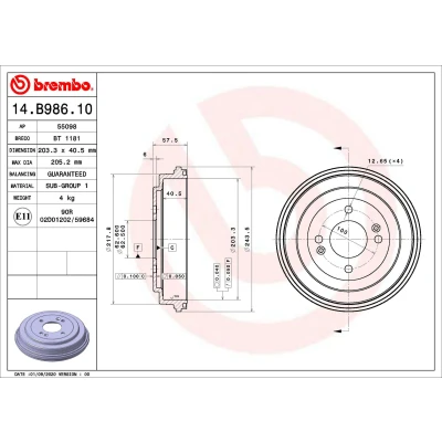 Afbeelding van BREMBO 14.B986.10 Remtrommel 203,2mm