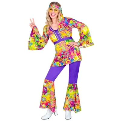 Afbeelding van Widmann Hippie Kostuum Groovy Peace And Love Jaren 60 Style Vrouw Geel, Paars Large Carnavalskleding Verkleedkleding
