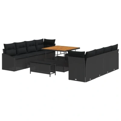 Afbeelding van vidaXL 11 delige Tuin Sofa Set met Kussens Zwart Poly Rattan Acacia, 2 Zits Opslag &amp; Rattan, 3 Eetset Acacia