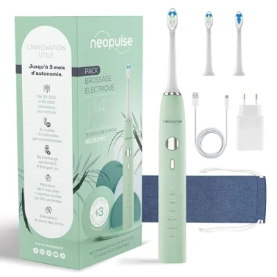 Afbeelding van NEOPULSE® NEOSONIC® Elektrische tandenborstel Sonic technologie + 2 opzetborstels USB oplaadbaar 3 maanden batterijduur 15 instellingen Timer Compatibel met NEOKIDS® Groen