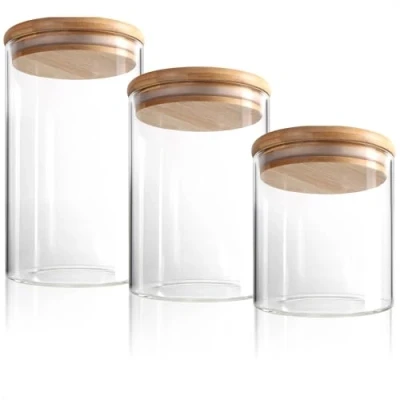 Afbeelding van Robin Goods® 3 delige Voorraadpottenset met bamboe deksel voedselopslagpotten verstevigd borosilicaatglas luchtdichte opslag 0,6L / 0,9L 1,2L (03 stuks 600/900 1200ml)