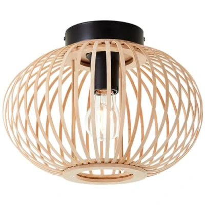 Afbeelding van Lightbox Nature plafondlamp 23 cm, Ø 30 cm ronde met bamboe/rooster kap E27, max. 60 W gemaakt van metaal/bamboe in lichtbruin/zwart