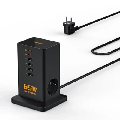 Afbeelding van TESSAN USB C Oplader, 65W Lader met 4 A en 2 C, Slots Meervoudige Contactdoos USB, 8 in 1 Voeding Snellader, Voedingen voor Mobiele Telefoons, Tablets, enz