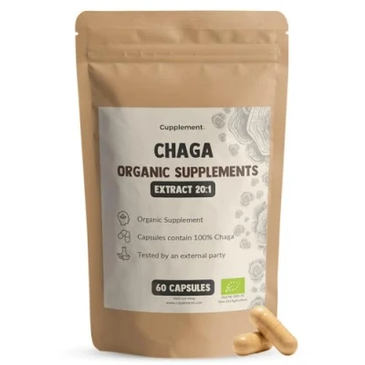 Afbeelding van Cupplement Chaga Extract Capsules 60 Stuks 20:1 Biologisch 400 MG Per Capsule Geen Poeder Supplement Superfood Mushroom Paddenstoel