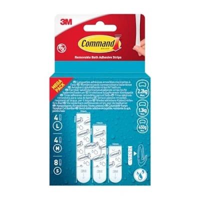 Afbeelding van Command 17200B 16 EU VP Verwijderbare badlijm 17200 VP, 8 Small + 4 Medium grote strips, voordeelverpakking, wit, gesorteerd
