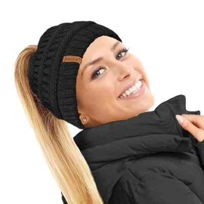 Afbeelding van TOSKATOK Thermo teddy fleece gevoerde paardenstaart muts voor dames, Zwart, Eén Maat