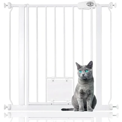 Afbeelding van Bettacare Huisdierhek met afsluitbaar kattenluik, 75cm 83cm, wit, hoog, extra hoge hondenveiligheidsbarrière eenvoudige installatie