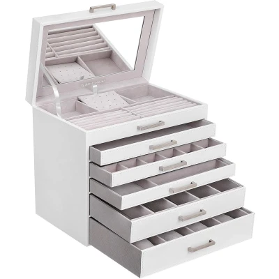 Afbeelding van Conway Living® Sieradendoos Juwelendoos met 6 niveaus en 5 lades spiegel wit
