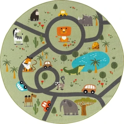 Afbeelding van Vloerkleed kinderkamer Groen 200x200 cm Afwasbaar Antislip Tapijt voor jongens en meisjes met een straat jungledieren Happy Life by the carpet