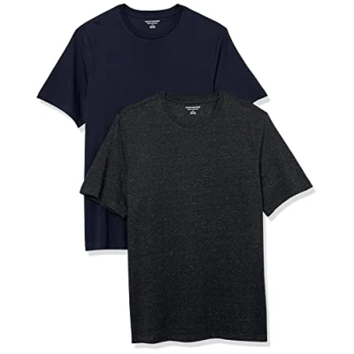 Afbeelding van Amazon Essentials Heren Regular Fit T shirt met korte mouwen en ronde hals, verpakking van 2 stuks, houtskool heather/marineblauw, maat L