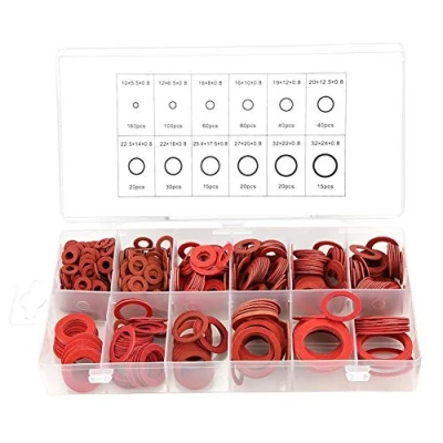 Afbeelding van 600 stuks platte sluitringen, 12 maten, verschillende vezelsluitringen, set met isolatieringen van rood staal doos (600 stuks)