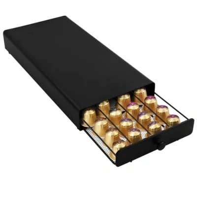 Afbeelding van Volumoon Koffiepadopslag, compatibel met 40 Nespresso capsules, koffiecapsules, metaal, antislip, anti vibratie ontwerp, 37,5 x 17,5 4,5 cm, zwart