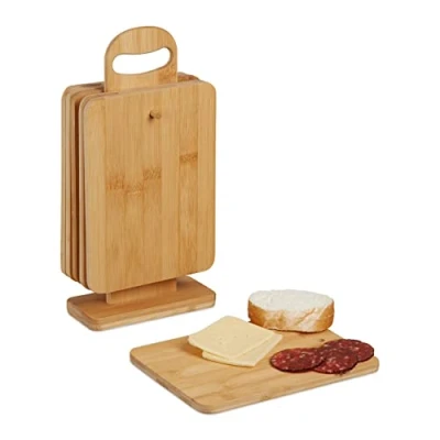 Afbeelding van Relaxdays ontbijtplankjes set met houder kleine snijplanken bamboe broodplankjes