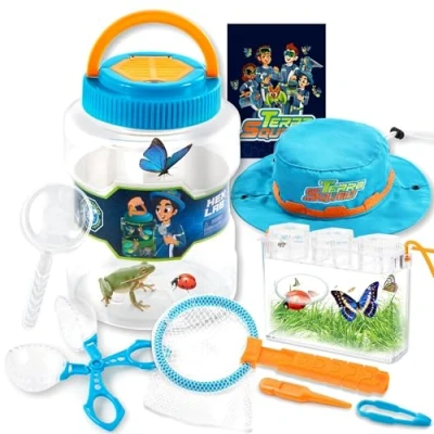 Afbeelding van JOYIN Insectenvanger, natuurverkenningsset, bevat habitat emmer, kruipbox, activiteitenboek, vlindernet, vergrootglas, pincet, kevertang en verkenningshoed, kevervanger voor kinderen vanaf 3 jaar