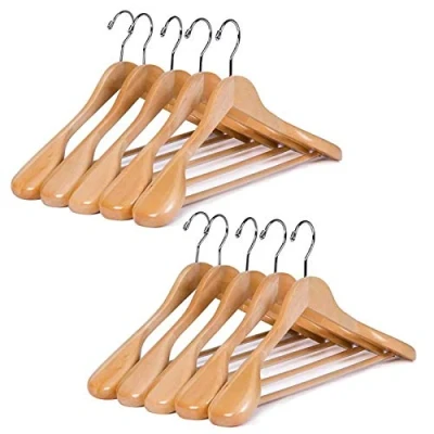 Afbeelding van GEREXPRESS Kleerhanger en pak, 10 stuks, van hout met extra brede schoudersteun antislip broekstang (natuurlijke kleur)