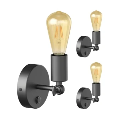 Afbeelding van ledscom.de 3 stuks vintage E27 wandlamp FETRO met schakelaar, zwart, draaibaar, incl. lamp retro goud, extra warm wit 489lm