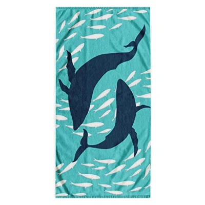 Afbeelding van DecoKing Strandlaken groot 90x180 cm katoen badstof velours badhanddoek blauw donkerblauw wit Dolfijn