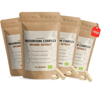 Afbeelding van Cupplement 4 Zakken Mushroom Complex 60 Capsules Inclusief Pillendoos Biologisch Extract Superfoods Supplement Paddenstoelen Lions Mane Cordyceps Reishi Chaga Pruikzwam Geen Poeder, Turkey Tail of Shiitake Sinensis