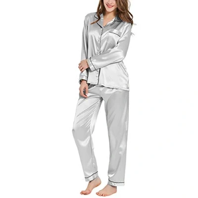 Afbeelding van Ladieshow Vrouwen Pyjama Satijn Dames Pj Set Lange Mouw Nachtkleding Tweedelige Set, Grijs, M